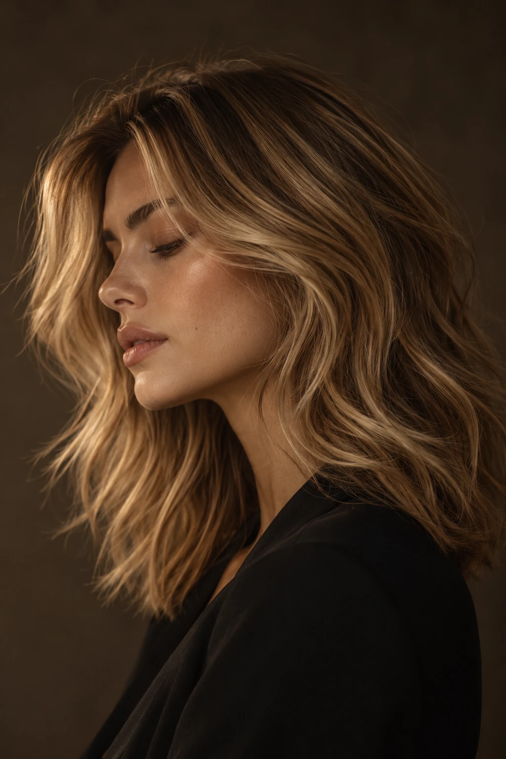 Vrouw met donkerblond haar en warme highlights, van opzij gezien